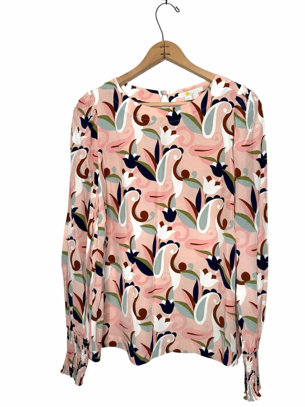 Boden Pink Floral Paisley smocked elastic Cuff Blouse Size 8
